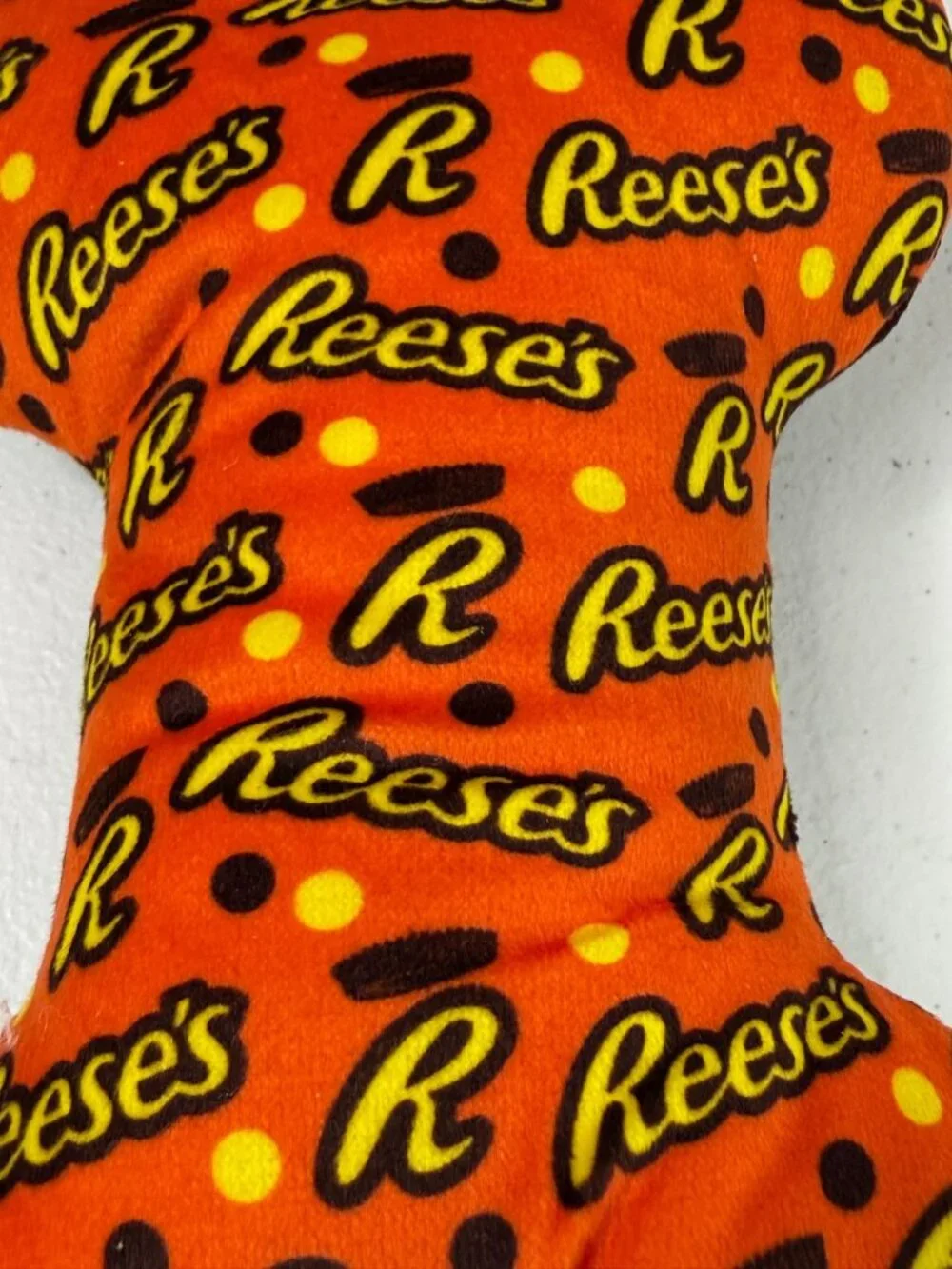 Reese's Plush Bone Dog Toy Squeaker Candy Print New